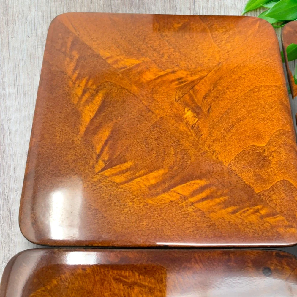 Vintage Bombay Company Wood Veneer Coasters Holder Set 4 Bookmatched Felt Back